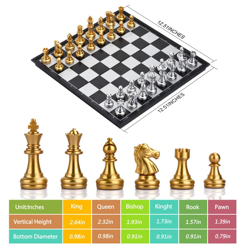 QuadPro 3 in 1 Magnetic Chess Checkers Backgammon Board Game Set with 12.5 Inch Folding Board Travel Games for Kids and Adults (Chess: Gold & Silver) - Image 2